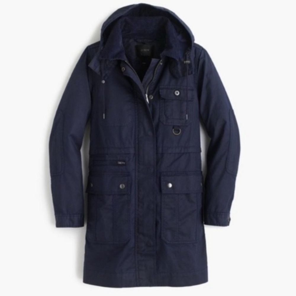 J. Crew Women’s Navy Waxed Cotton Canvas Long Downtown Field Jacket, Size Small